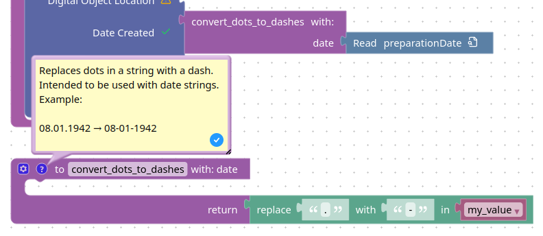 A simple function implemented in blocks. It replaces all dots in a string with a dash.